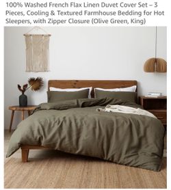 Washed French Flax Linen Duvet Cover Set – King, Olive Green