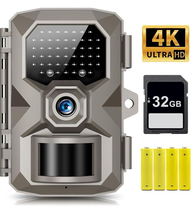 Trail Camera, 4K 48MP Trail Game Camera with Night Vision 0.1s Trigger Motion Activated, IP66 Waterproof Deer Camera 130°Wide Angle with 48pcs No Glow
