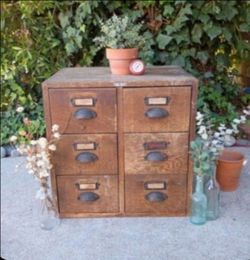 Apothecary Cabinet Six Drawers Dovetail Card Catalog File Solid Oak 20" W X 16" D X 20" T