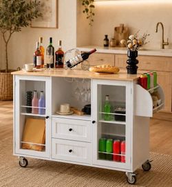 Rolling Kitchen Island Cart – White - Mobile Prep Station with Cabinet, Drawer, Rack & -Castor Wheels L-25