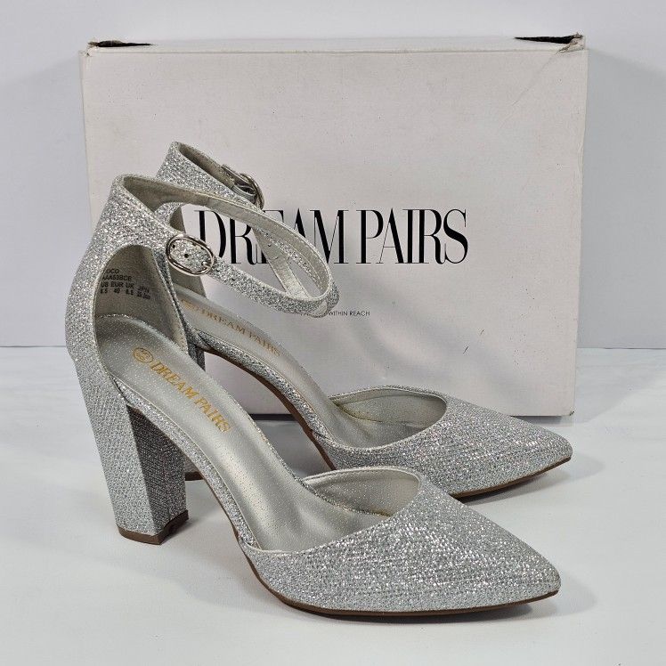 Dream Pairs COCO Silver Glitter Pointed Toe Block Heel Ankle Strap Pumps 8.5