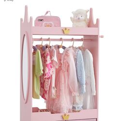 Kids Dress Up Storage with Mirror, Kids Armoire with Non-Woven Drawers, Open Costume Closet with Hanging Rack for Toddlers (Pink)