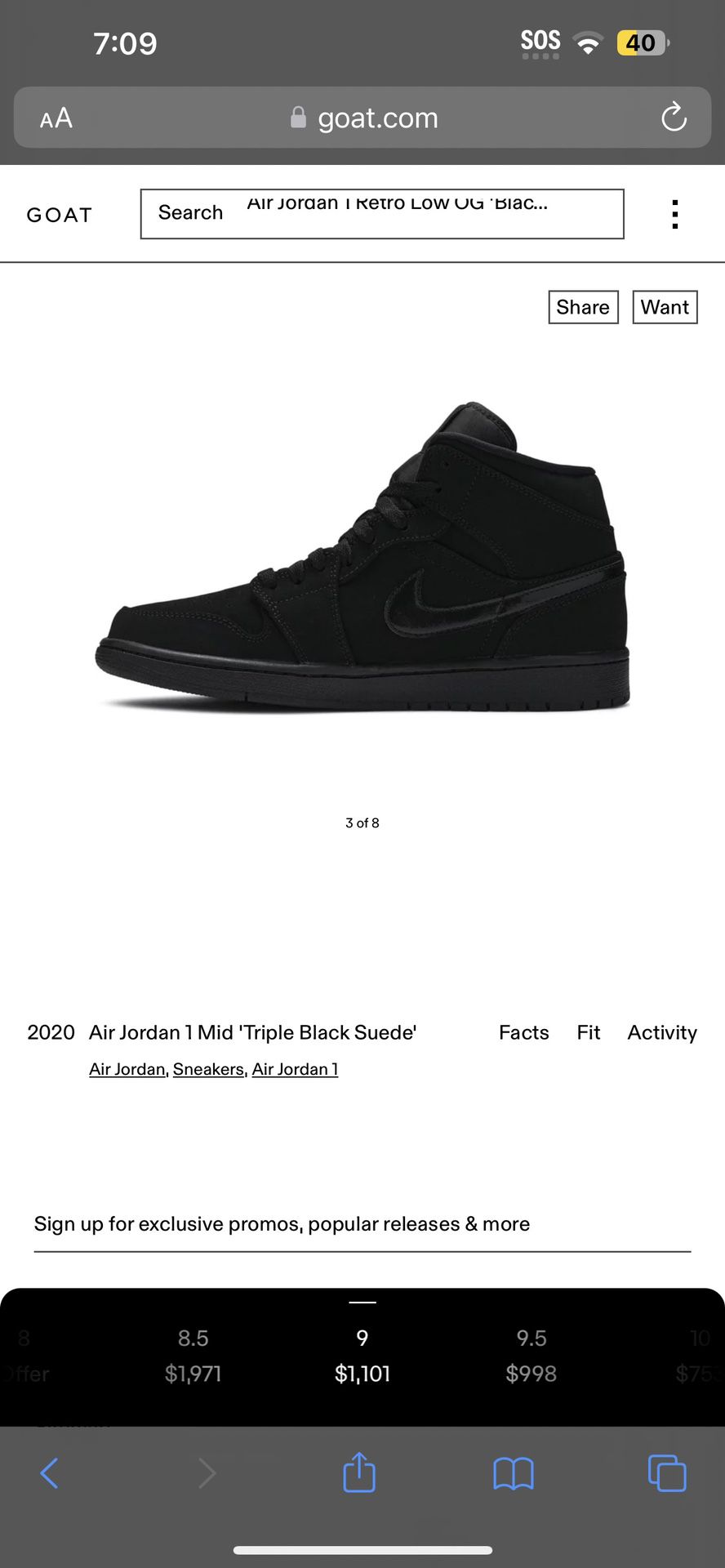Size+9+-+Jordan+1+Mid+Triple+Black+Suede for sale online