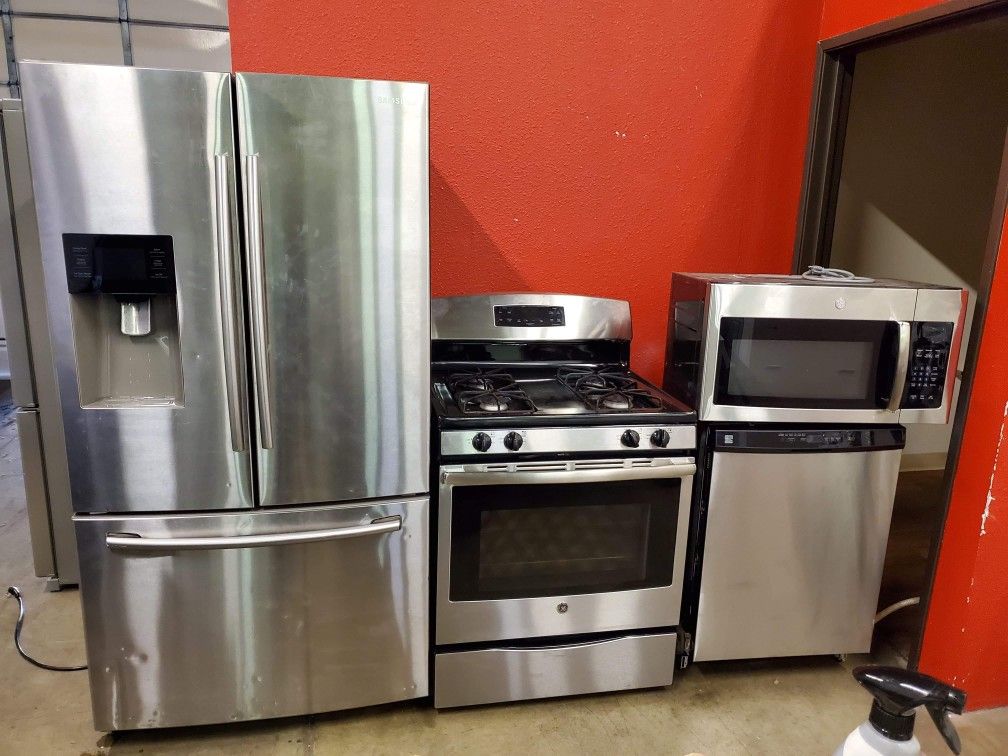 Stainless steel appliances set fridge GAS stove dishwasher microwave all good working conditions set for $899