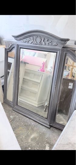 Gray Painted French Style Trifold Vanity Mirror