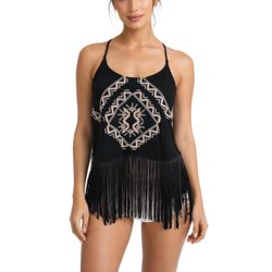 Love Culture Aztec Embroidered Fringe Halter Top Black Boho Festival Western S