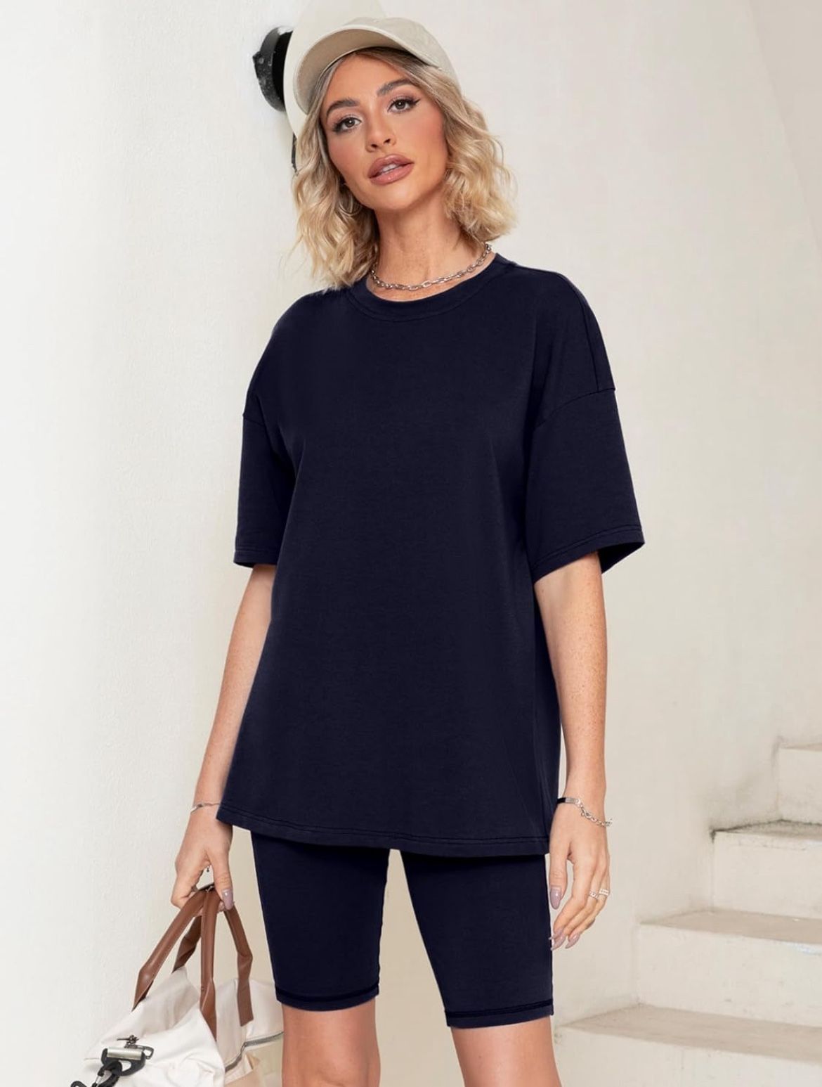 Women 2 Piece Outfit sets Casual Oversized T-Shirt Tops Biker Shorts