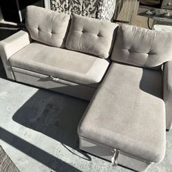 Devion Furniture L-Shaped Polyester Fabric Reversible, Easy Convertible Pull-Out Sleeper Sectional Sofa/Storage Chaise with Tufted Back Cushions and T