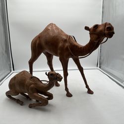 Lot Of 2 Large Vintage DROMEDARY CAMEL LEATHER WRAPPED FIGURINE STATUE FIGURE