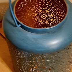 Beautiful Large Blue And Gold Lantern For Candle Pillar Or String Lights