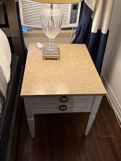 Set of 2 Matching White Wood 2-Drawer Nightstand with Travertine Stone Top vintage