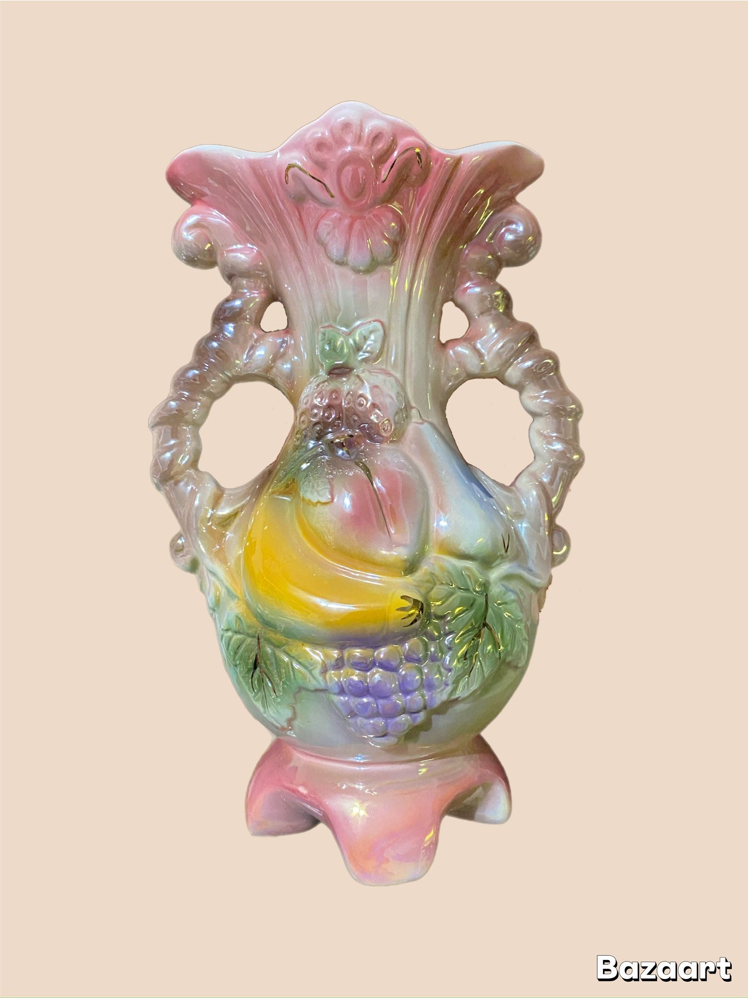 Pink, Cream, and Brown Vintage Ceramic Vase with Fruit Design