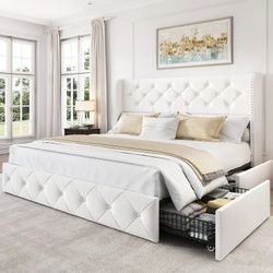 Breltam Queen Size Bed Frame with 4 Storage Drawers, Wingback Tufted Headboard, LED Lights, White Velvet Upholstered Platform Bed, No Box Spring Neede