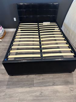 Black Faux Leather Queen Bed Frame with queen mattress (6 years old)