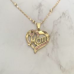 Mom Pink Heart Stones Necklace (14k Gold Plated)