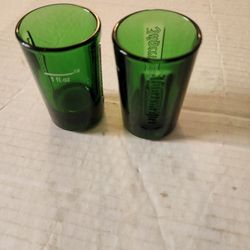 JAGERMEISTER Set of 2 JAGER GREEN GLASS SHOT GLASSES W/ EMBOSSED LOGO 