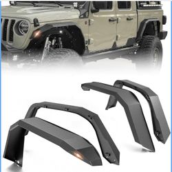 Flat Front & Rear Fender Flares Compatible with 2020 2021 2022 2023 2024 2025 Jeep Gladiator JT, with Turn Signal Lights, Heavy Duty Steel Mud Guard C