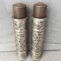 Silver Metal 14” Tall Column Candle Holders