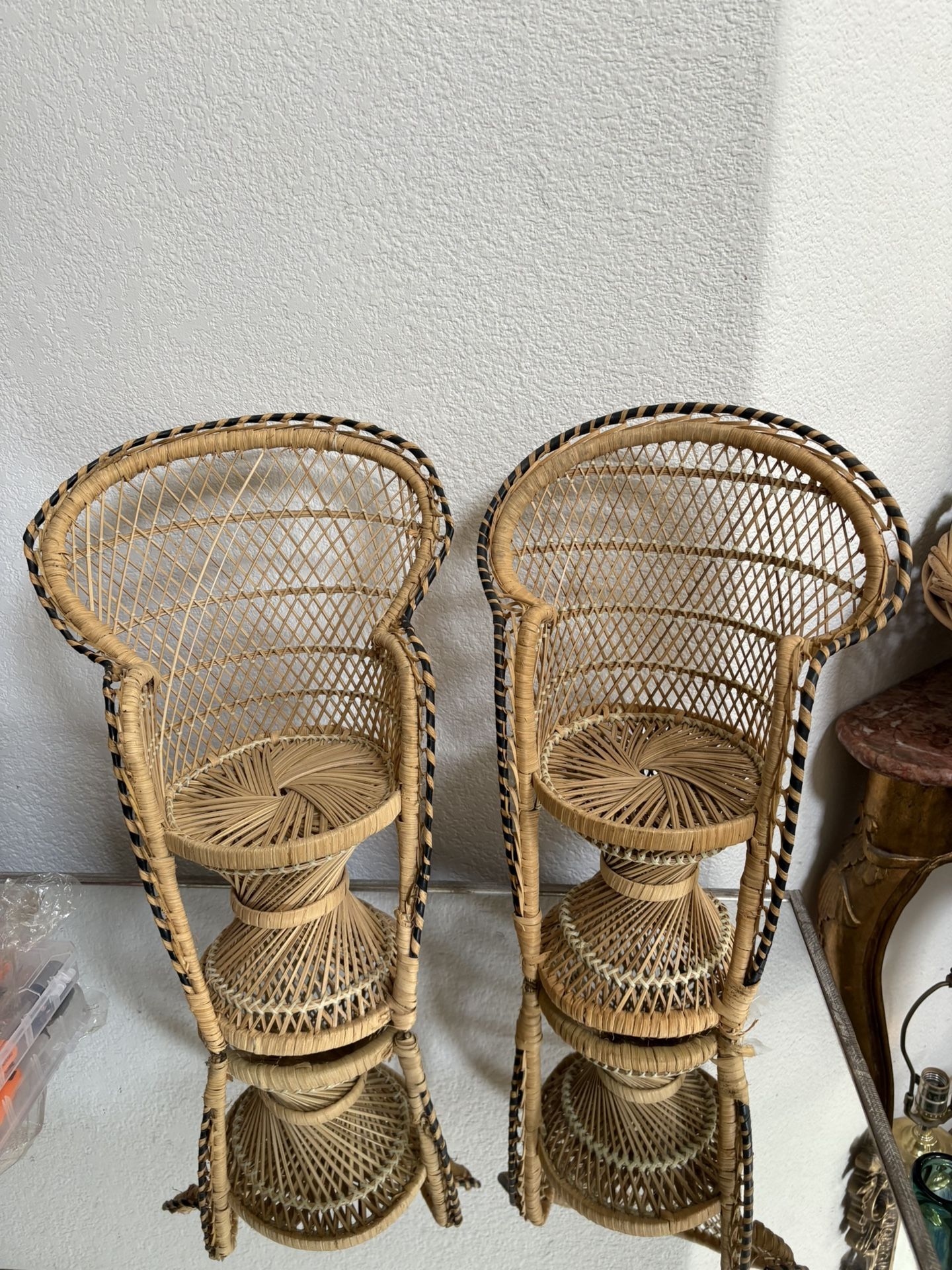 Vintage Wicker Peacock Chair MCM Fan Back Rattan Doll Plant Seat Stand Boho Chic