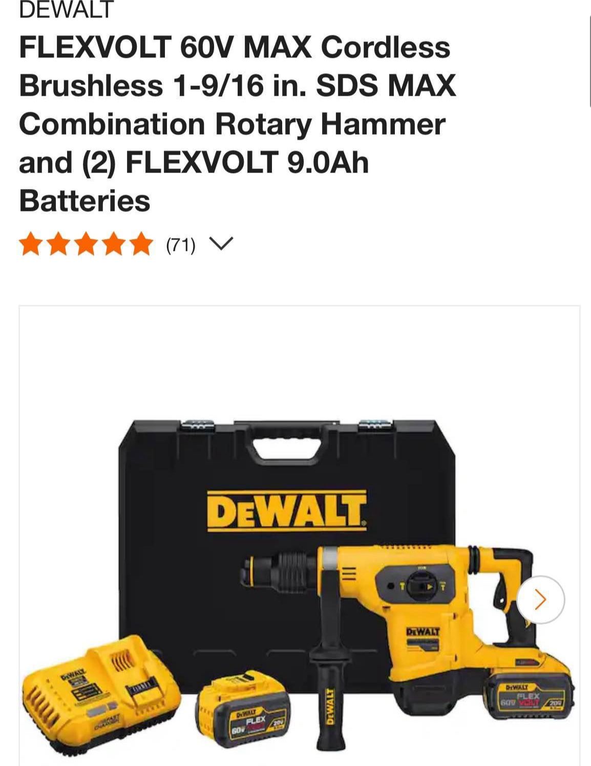 DEWALT FLEXVOLT 60V MAX Cordless Brushless 1-9/16 in. SDS MAX Combination Rotary Hammer and (2) FLEXVOLT 9.0Ah Batteries