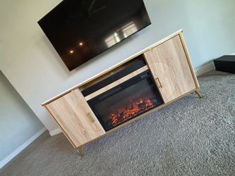 Fluted Fireplace TV Stand Up to 80" TVs, Modern Entertainment Center with 30" Electric Fireplace, Luxury Media Console with Adjustable Shelves for Liv