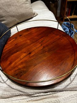 Round Wood Serving Tray with Gold Handles