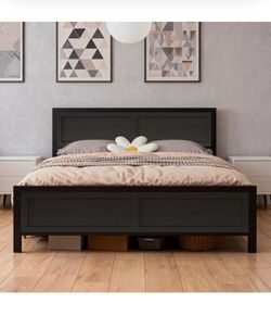 Queen Size Platform Bed Frame ( BLACK)  with Wooden Headboard and Footboard, Heavy Duty Steel 13 Slat Support(1000LBS), Under Bed Storage, No Box Spri