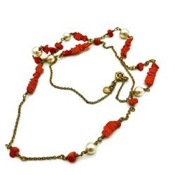 Trendy J Crew Brushed Antique Gold Tone Simulated Red Coral Chips Luster White Faux Pearls Stations Long Chain Necklace