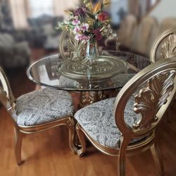 Dining Table and Chairs - Gold Round Glass French Provincial 