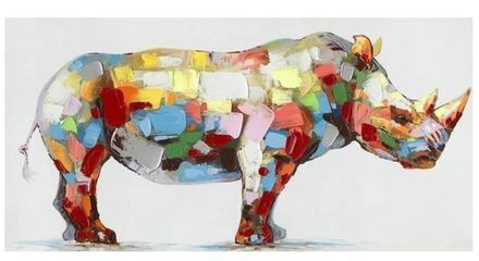 Fun Wall Art Colorful Rhino On Canvas Stretched Frame 24 x 48"