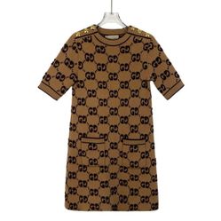 Size Large Gucci Brown Logo Jacquard Full Print Wool Crew Neck Short-Sleeve Knit Dress