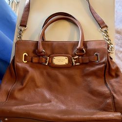 MK Tan Leather Satchel with Gold Accents (read description)