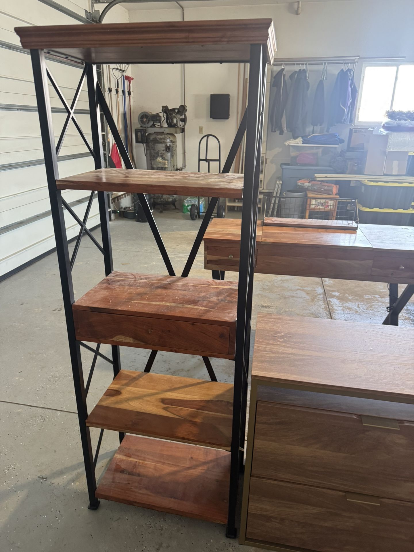 52” X 20” Acacia Stand Up Desk And Book Shelf With Wall Shelf And Filing Cabinet