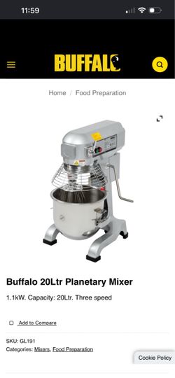 This item is a commercial 20-liter planetary mixer, similar to the Buffalo FU138 or MX20T models