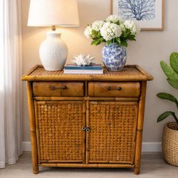 Vintage Bamboo Rattan Wicker Cabinet 2 Drawer Coastal Tiki Boho Storage HTF