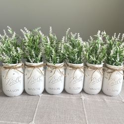 Chalk Painted & Distressed Mason Jar Vases w/faux Flowers Included 6 for $32