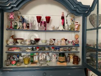 Blue secretary desk, curio cabinet hutch