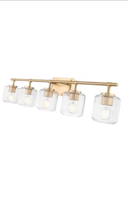 Landon 42 in. 5 Light Modern Gold Vanity Light with Clear Ribbed Glass Shades