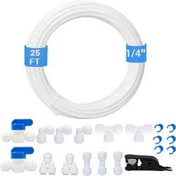 Water Line Kit for R.O. System and Ice Maker 25 ft length x 1/4” O.D. Water Tubing with Quick Connects and Tubing Cutter