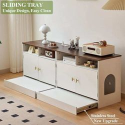 Litter Box Furniture for 2 Cats, 63" Cat Litter Box Enclosure TV Stand Cabinet