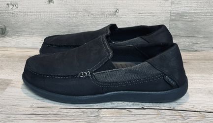 Crocs ~ Santa Cruz ~ Men's Size 12 ~ Black Luxe Leather Loafers ~ SlipOn