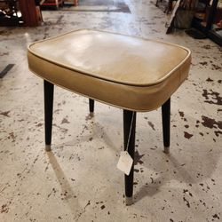 Mid Century Ottoman Footstool Stool Tan Vinyl Wood Legs Vintage