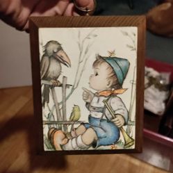 Vintage Hummel Art Illustration Wooden Plaque Little Boy With Crow Fall Album