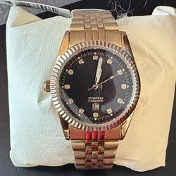 Montres Prestige Men's Gold Metal Quartz Watch Black Dial Diamond Markers 3 ATM.