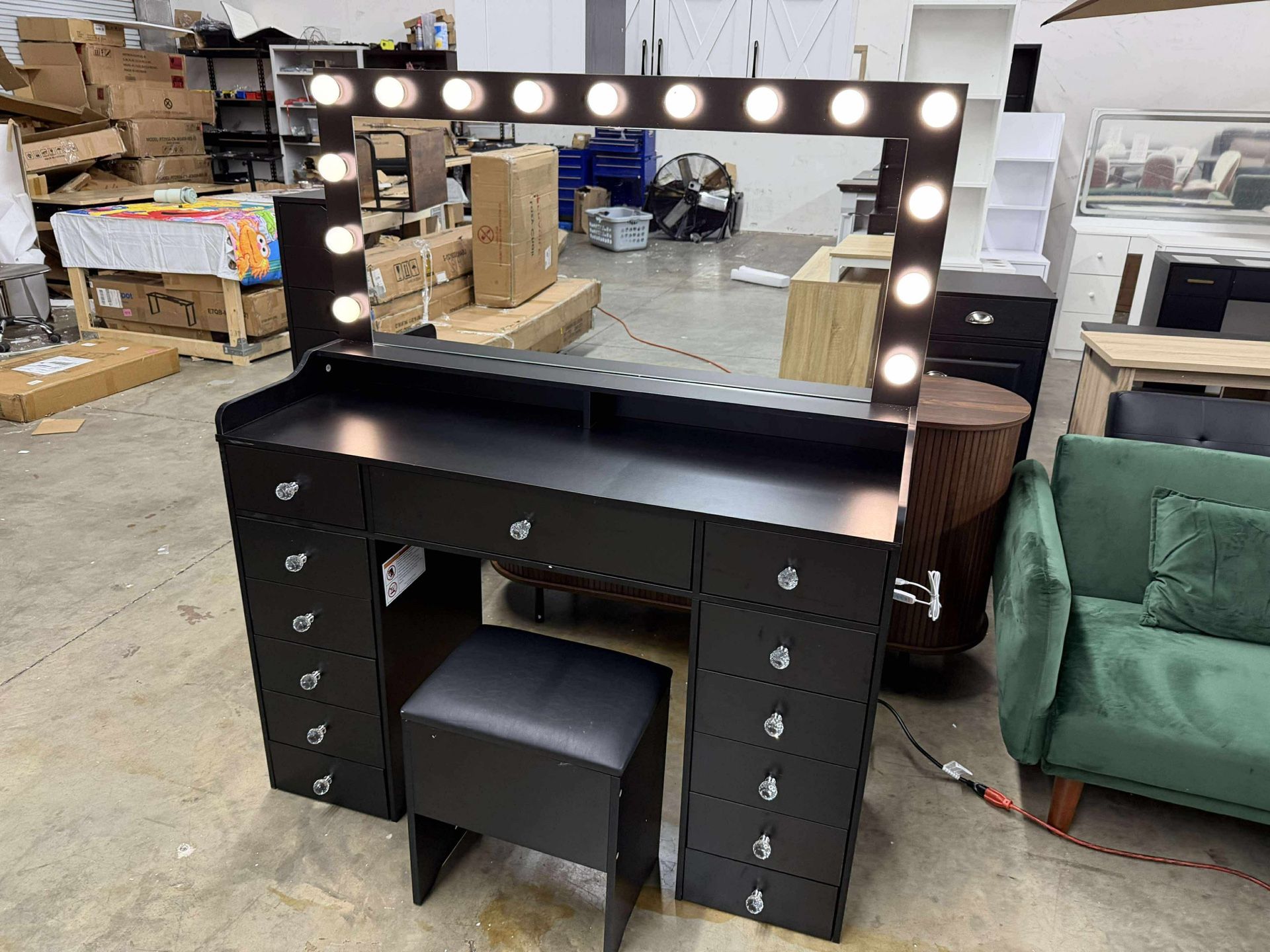 Vanity Desk with 13 Drawers, 47’’ Large Mirror and 15 LED Lights(little crack, missing pieces)