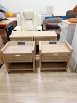 SICOTAS Rattan Nightstands Set of 2 : Bedside Table with Large Drawer Farmhouse Boho Night Stand with Type-C Charging Station, Open Shelf Storage, End