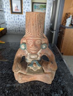Vintage Aztec Mayan 12.5" Dry Vase Mexican Folk Art  Decor Red  Clay Statue Man  Pottery 