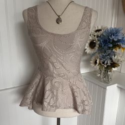 Cream Peplum Tank With All Over Lace Details.