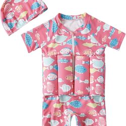 New Baby Toddler Girls Boys Float Suit One Piece Rashguard Cartoon Short Sleeve Zip up Buoyancy Swimsuit +Cap Pink, 0-12 Months
