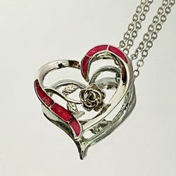 Pink Simulated Opal Rose Flower Heart Pendant Necklace Chain Love